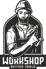 Bearded carpenter in for logo of carpentry or repair. Woodworker with electric screwdriver in his hands for design of workshop or woodworking