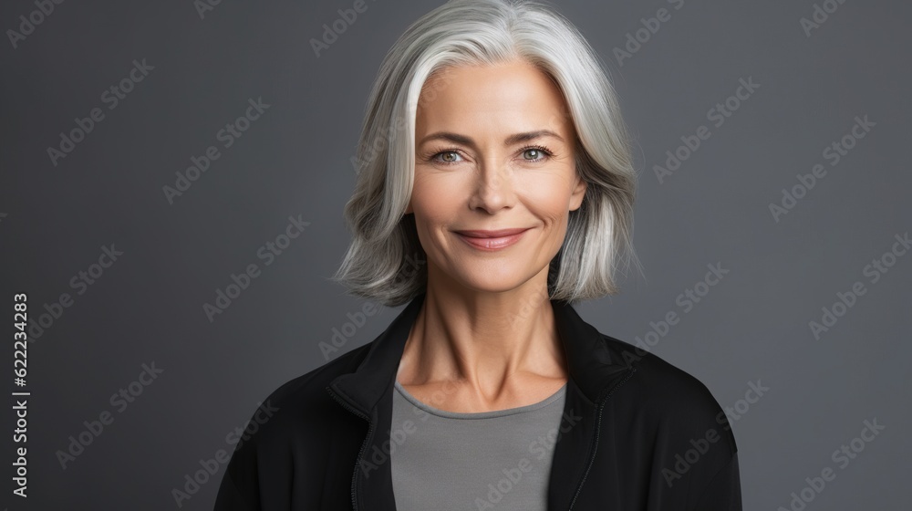 Poster portrait of a senior woman man on grey studio