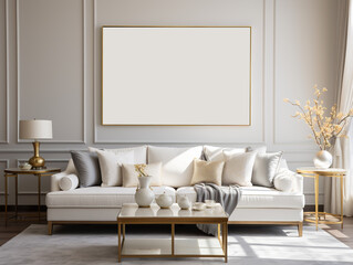 Poster or picture mockup template in luxury light living room interior Generative ai