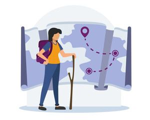 Female tourist searching for right way to travel. Travel and tourism concept. Concept of active recreation. Flat vector illustration in blue and purple colors