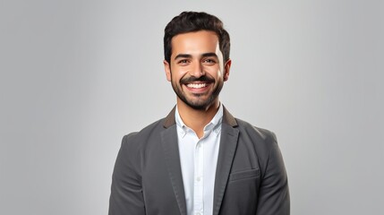Happy smiling indian business man employee or manager standing isolated on gray background holding laptop advertising online products, business trainings and webinars