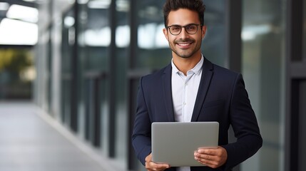 Fototapeta premium Happy smiling indian business man employee or manager standing isolated on gray background holding laptop advertising online products, business trainings and webinars, generative ai