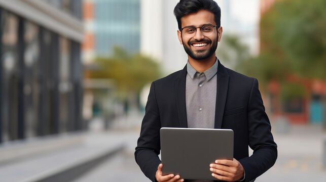 smiling indian business man employee or manager standing isolated on gray background holding laptop advertising online products, business trainings and webinars, websites or services, generative ai