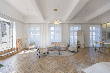 spacious open-plan apartment with stylish modern bright design, dressing area, bedroom, living room and bathroom on a sunny day