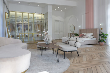 creative coffee table and fashionable upholstered furniture in the living room in a spacious open-plan apartment with a stylish modern bright design on a sunny day