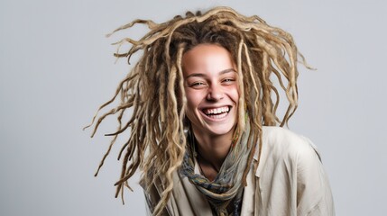 Happy woman with dreadlocks smiling cheerfully in a studio at white background, generative ai