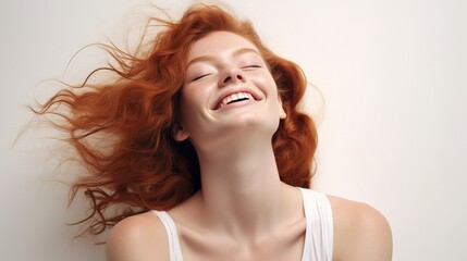 Happy woman with ginger hair and flawless skin smiling with her eyes closed at white background, generative ai