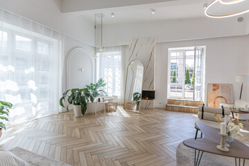 spacious open-plan apartment with stylish modern bright design, dressing area, bedroom, living room and bathroom on a sunny day