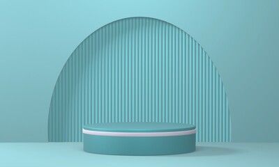 Empty minimalistic turquoise podium with white rim in studio lighting. Single cylinder on a turquoise background with an arch. 3d render
