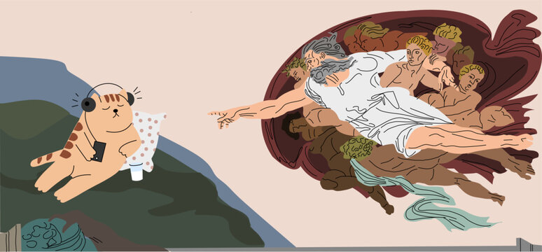 Creation of a cat. God created the cat. Painting reproduction. Vector illustration. T-shirt print. The cat listens to music. Famous picture. Creation of Adam