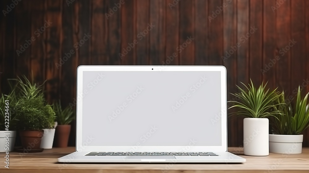 Poster laptop device mock up template design on office workplace desk, white mockup empty blank computer sc