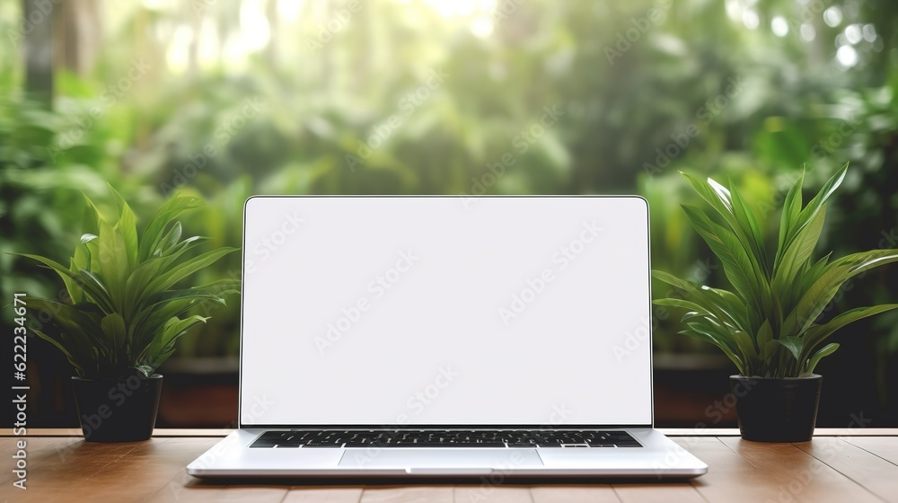 Poster laptop device mock up template design on office workplace desk, white mockup empty blank computer sc