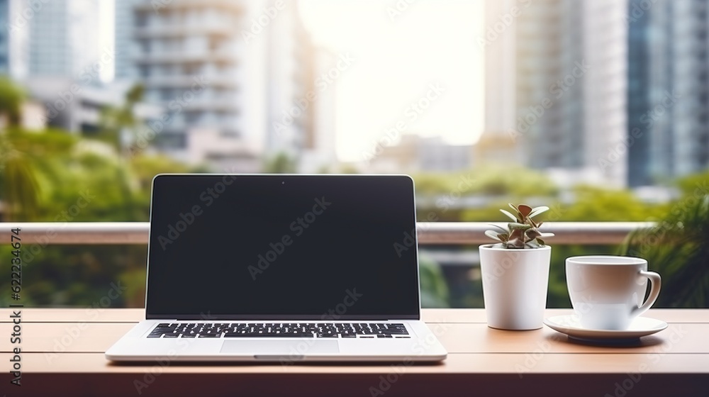Poster laptop device mock up template design on office workplace desk, white mockup empty blank computer sc