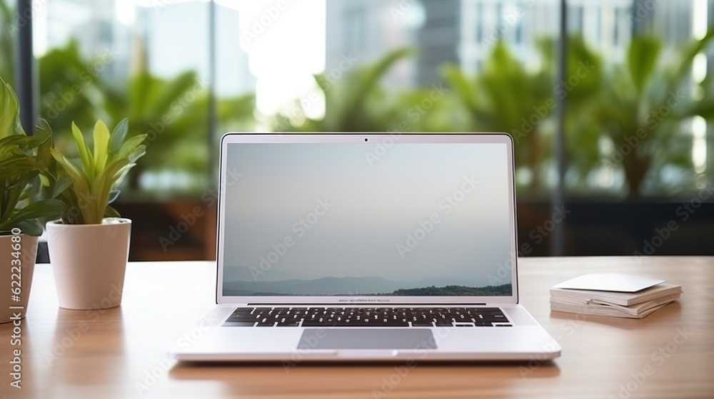 Poster laptop device mock up template design on office workplace desk, white mockup empty blank computer sc
