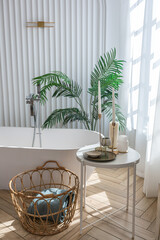 free-standing stylish bath in a spacious open-plan apartment with a stylish modern bright design on a sunny day