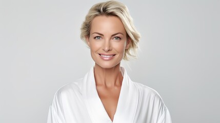Headshot of happy smiling gorgeous middle aged woman in white bathrobe at spa salon hotel looking away. Advertising of bodycare spa procedures antiage recreation treatment concept, generative ai