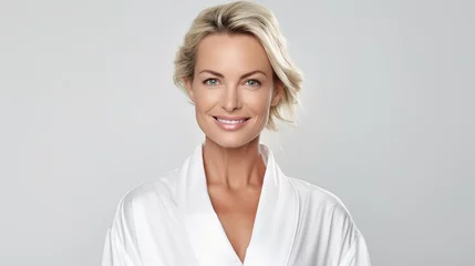 Deurstickers Schoonheidssalon Headshot of happy smiling gorgeous middle aged woman in white bathrobe at spa salon hotel looking away. Advertising of bodycare spa procedures antiage recreation treatment concept, generative ai