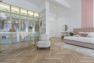 spacious open-plan apartment with stylish modern bright design, dressing area, bedroom, living room and bathroom on a sunny day