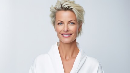 Headshot of happy smiling gorgeous middle aged woman in white bathrobe at spa salon hotel looking away. Advertising of bodycare spa procedures antiage recreation treatment concept, generative ai