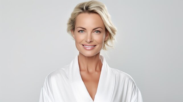 Headshot of happy smiling gorgeous middle aged woman in white bathrobe at spa salon hotel looking away. Advertising of bodycare spa procedures antiage recreation treatment concept, generative ai