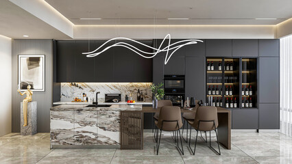 3d rendering modern kitchen advantage with wooden cabinet decoration interior design