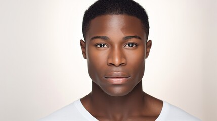 Man with flawless and glowing melanin skin at white background, generative ai