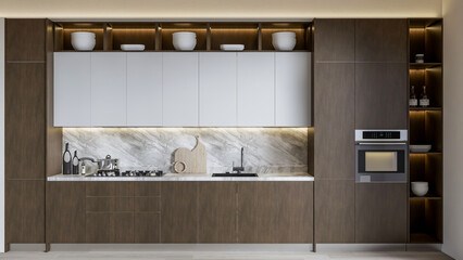 3d rendering modern kitchen advantage with wooden cabinet decoration interior design