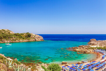 Sea view and beach in Ladiko bay, Rhodes island, Greece, Europe
