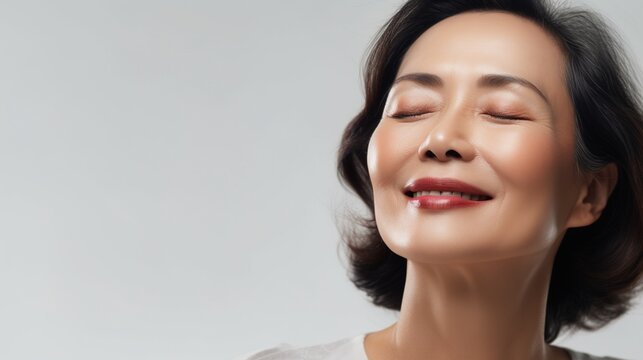 Portrait of gorgeous happy middle aged mature cheerful asian woman, senior older 50s lady pampering her face eyes closed isolated on white. Ads of lifting anti wrinkle skin care, spa, generative ai
