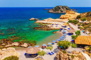 Sea skyview landscape photo of picturesque beach near Stegna and Archangelos on Rhodes island, Dodecanese, Greece. Panorama with sand and clear blue water. Famous tourist destination in South Europe