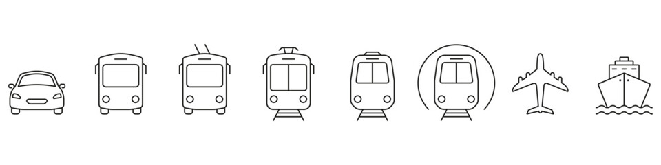 Vehicle Transport Line Icon Set. Bus, Car, Train, Plane, Ship, Tram Linear Pictogram. Traffic Sign Collection. Public Transportation Symbol. Editable Stroke. Isolated Vector Illustration