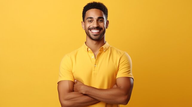 Smiling confident rich man standing isolated on yellow background. Happy handsome ethnic guy wearing shirt looking at camera advertising products posing with arms crossed for portrait, generative ai