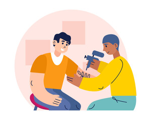 American specialists with tools sitting near client and painting on body of clients in salon. Concept of tattoo lovers. Flat vector illustration in cartoon style