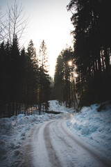 Ice fairy tale in Beskydy mountains. A road lined with heaps of snow on the edges and the sun emerging from behind the trees at sunrise