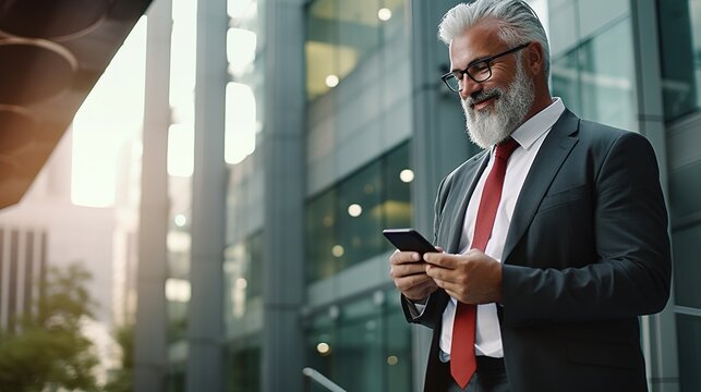 Stylish classy older mature adult professional business man, senior old bearded businessman executive holding smartphone, using mobile tech on cell phone standing outside big city, generative ai
