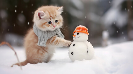 A kitten enthusiastically creating a snowman. Generative AI
