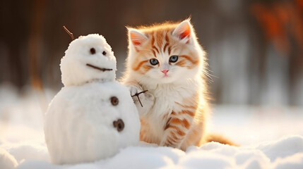 A kitten enthusiastically creating a snowman. Generative AI
