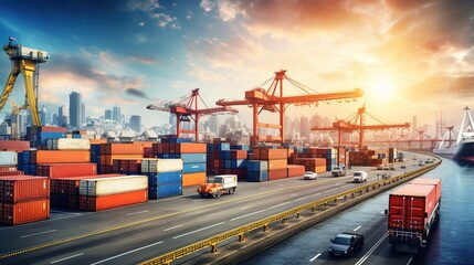 Transportation Logistics Import-Export and Container Cargo Freight Background: Ship, freight train, cargo airplane, container truck at industrial port dock yard, generative ai - obrazy, fototapety, plakaty