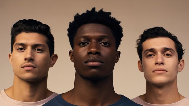 Three men with diverse skin tones standing together in a studio, showing the results of a consistent skincare routine, generative ai