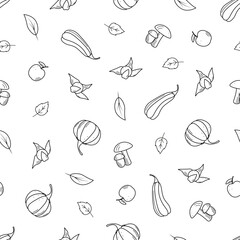 Seamless pattern doodle autumn concept. Background wallpaper autumn vegetables harvest. Vector illustration of pumpkin, squash, physalis, mushrooms, apple and leaves.