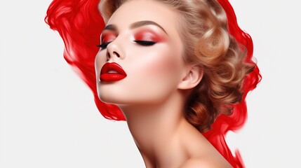 Woman, red lipstick and beauty makeup in cosmetics or skincare Face of female person or model with facial product or color in confidence, self love or care, at white background, generative ai