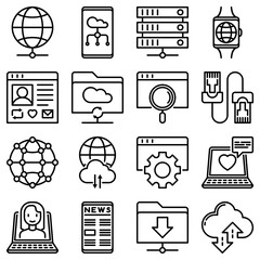 Information technology thin line icons set: social network, system backup, search, LAN network, connection, API, feedback, video call, online news, downloads, cloud data. Modern vector illustration.