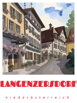Langenzersdorf: Retro tourism poster with a Austrian landscape and the headline Langenzersdorf / Niederösterreich