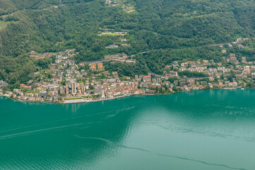 Panoramic aerial view of Campione d'Italia, and Lake Lugano