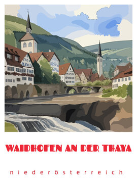 Waidhofen an der Thaya: Retro tourism poster with a Austrian landscape and the headline Waidhofen an der Thaya / Niederösterreich