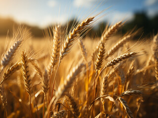 Fototapeta premium Closeup photo of natural ears of wheat in summer