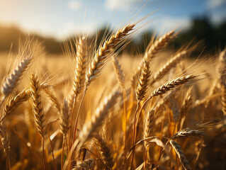 Closeup photo of natural ears of wheat in summer