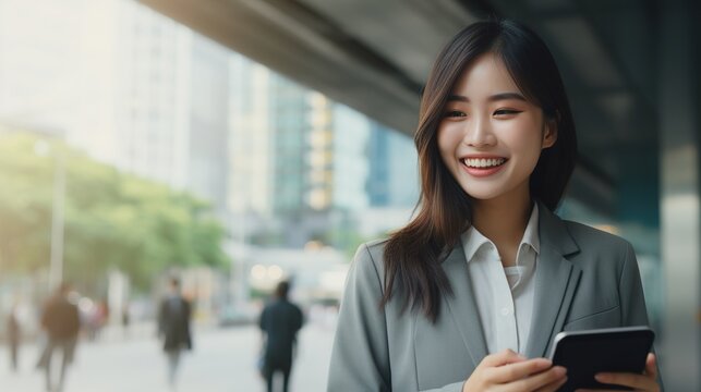 Young Successful Smiling Pretty Asian Business Woman, Korean Professional Businesswoman Holding Cellphone Using Phone Standing On Big City Urban Street, Generative Ai