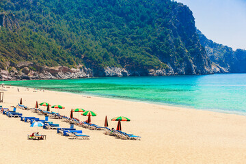 Cleopatra beach with nice sand and blue sea. Alanya, Antalya, Turkey.