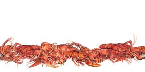 Obraz premium Seamless border, banner of boiled crayfish. Watercolor illustration isolated on transparent background. Designed for printing on textiles, packaging